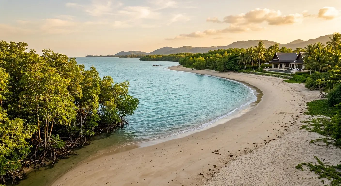 Peaceful Pranburi beach with mangroves and luxury villas near Hua Hin