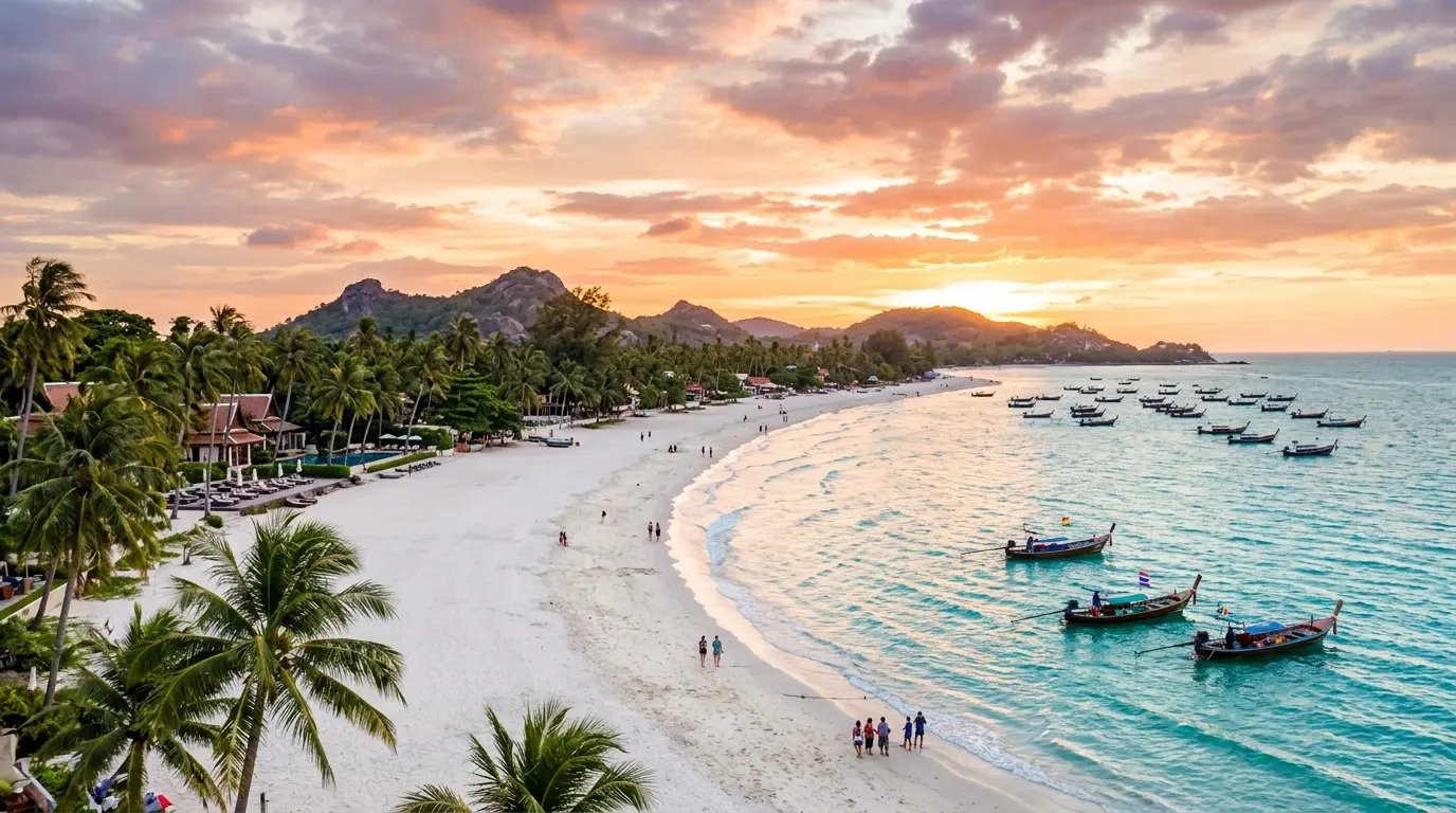 Beautiful Hua Hin beach at sunset with turquoise water and palm trees in Thailand