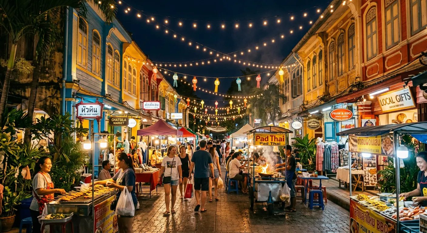 Hua Hin Town Center with bustling night market and colorful shops