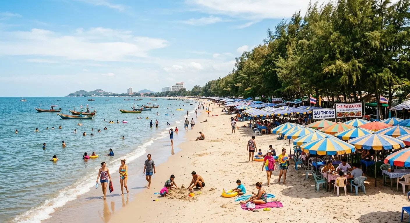 Cha-Am beach with pine trees and casual beachside dining near Hua Hin